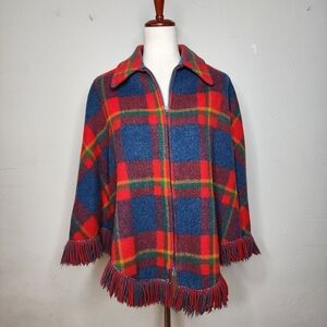Vintage 70's Pioneer Wear Red Plaid Wool Collared Poncho Size Small